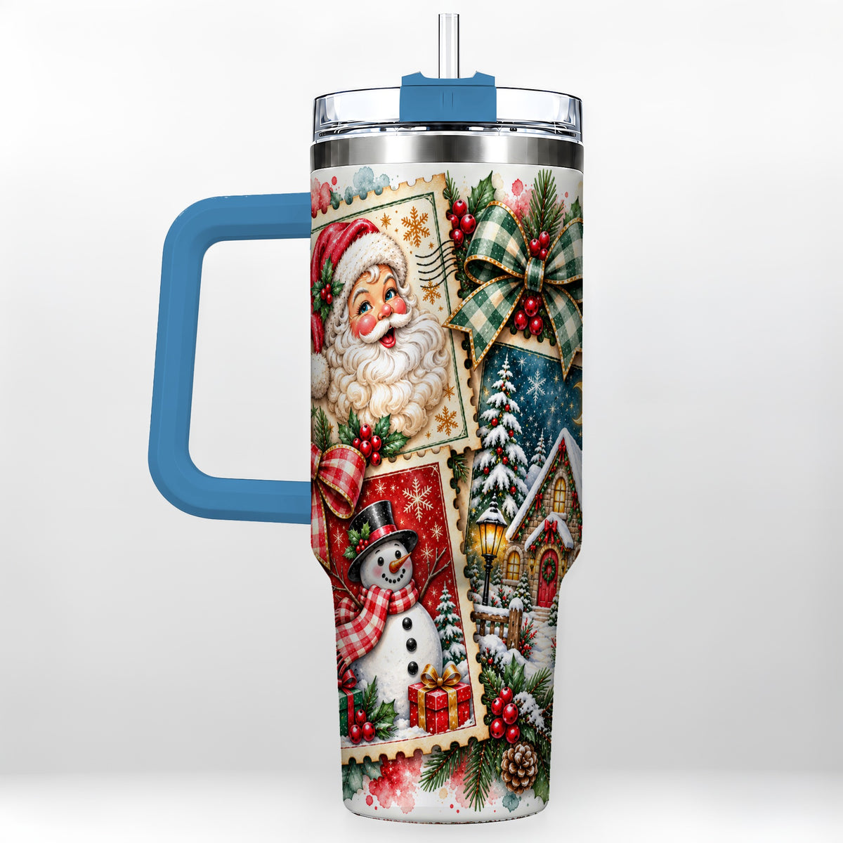 #pl[40oz|Blue] Santa Snowman 40oz Tumbler with Handle, Christmas Holiday Travel Cup
