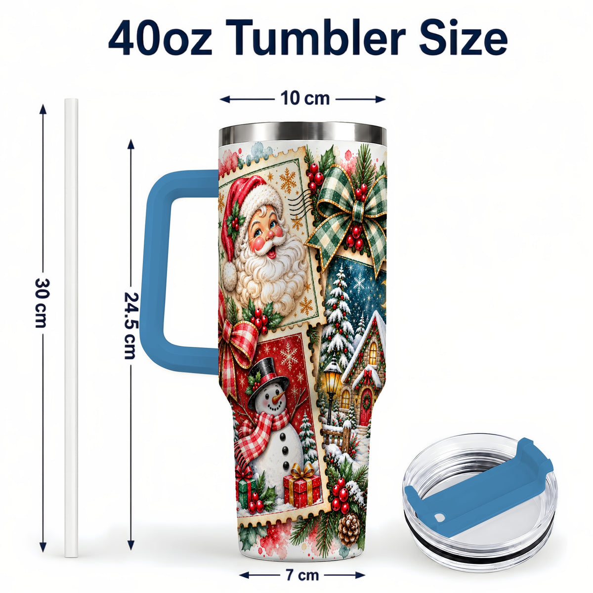 #pl[40oz|Blue] Santa Snowman 40oz Tumbler with Handle, Christmas Holiday Travel Cup