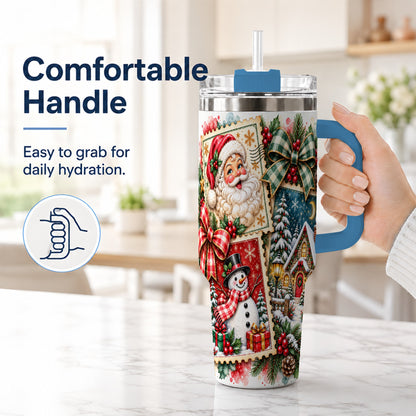 #pl[40oz|Blue] Santa Snowman 40oz Tumbler with Handle, Christmas Holiday Travel Cup