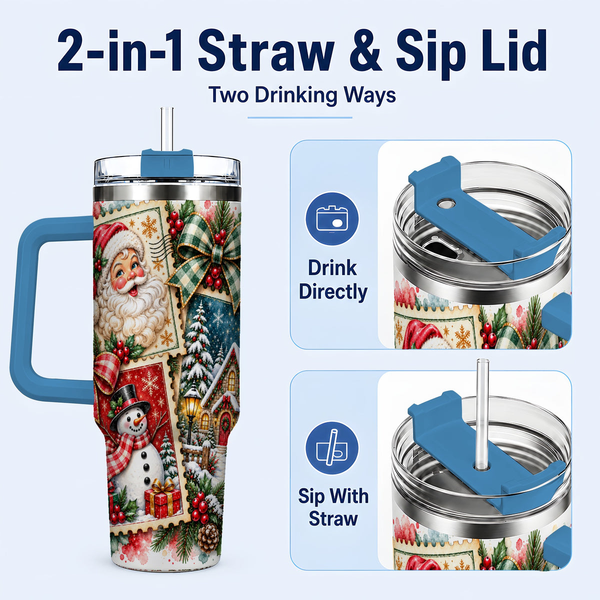 #pl[40oz|Blue] Santa Snowman 40oz Tumbler with Handle, Christmas Holiday Travel Cup