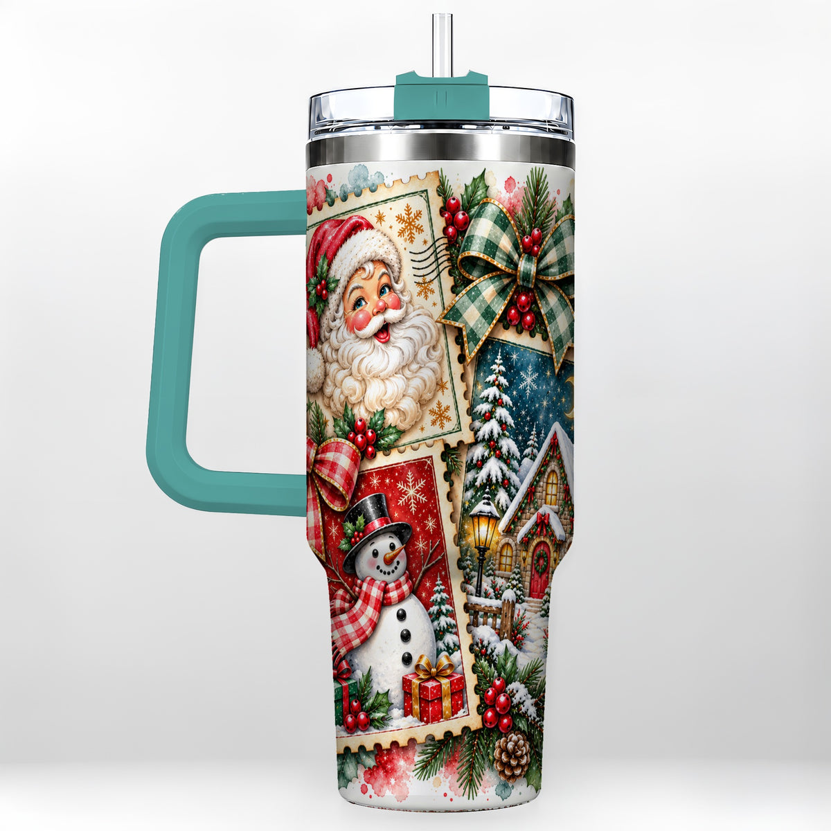 #pl[40oz|Green] Santa Snowman 40oz Tumbler with Handle, Christmas Holiday Travel Cup