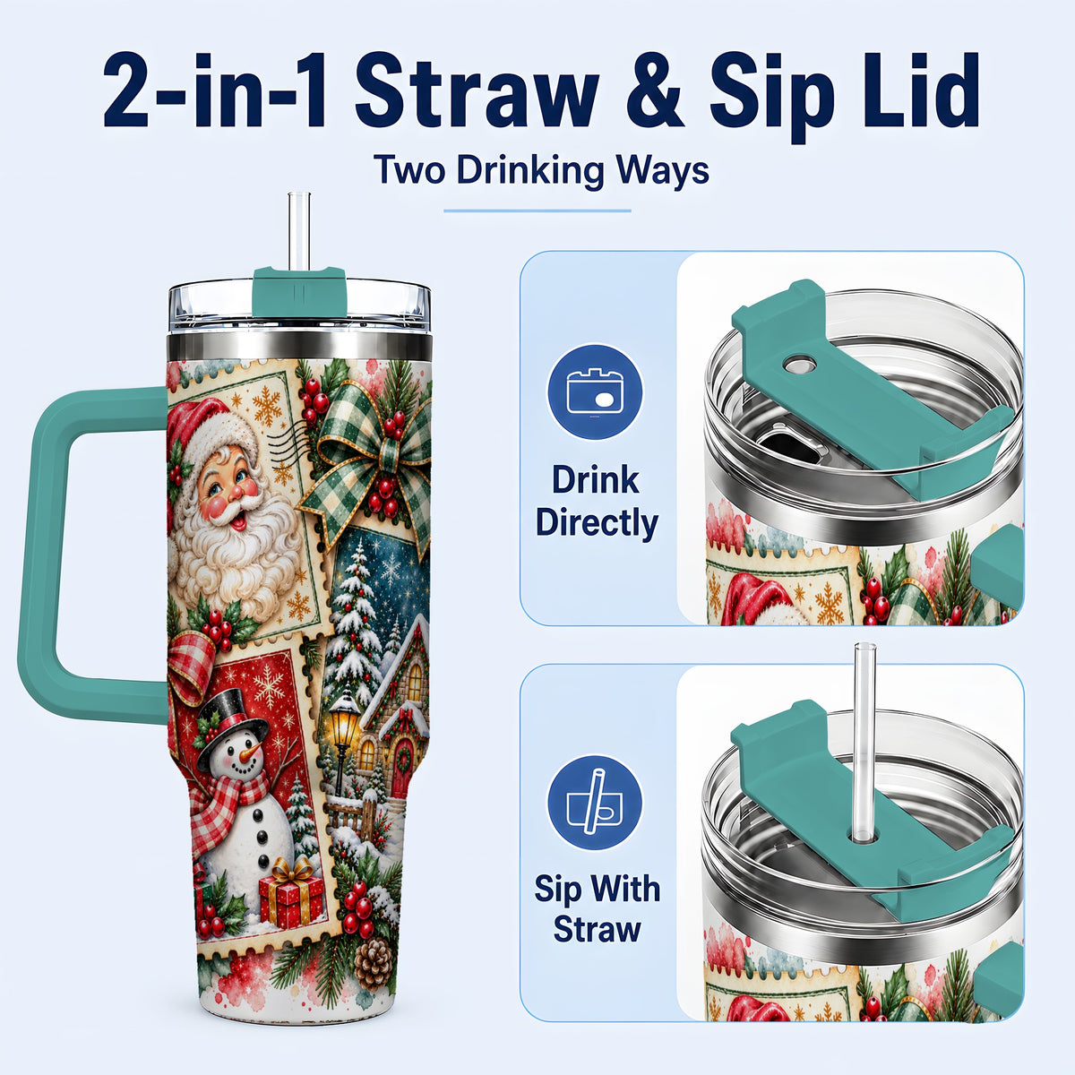 #pl[40oz|Green] Santa Snowman 40oz Tumbler with Handle, Christmas Holiday Travel Cup