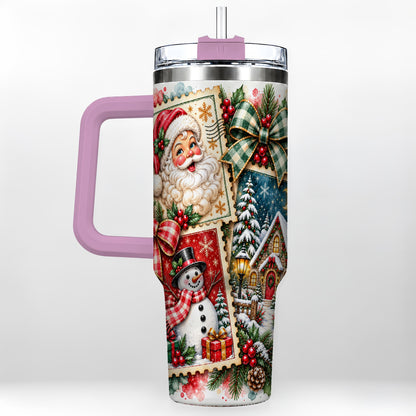 #pl[40oz|Pink] Santa Snowman 40oz Tumbler with Handle, Christmas Holiday Travel Cup