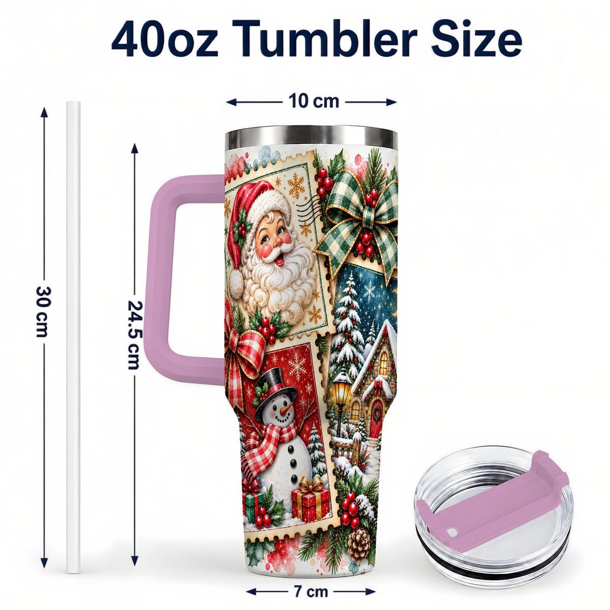 #pl[40oz|Pink] Santa Snowman 40oz Tumbler with Handle, Christmas Holiday Travel Cup