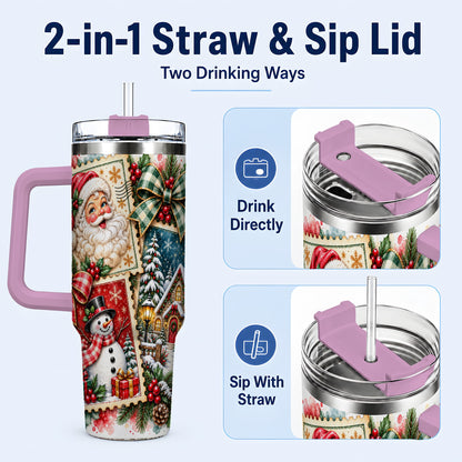 #pl[40oz|Pink] Santa Snowman 40oz Tumbler with Handle, Christmas Holiday Travel Cup