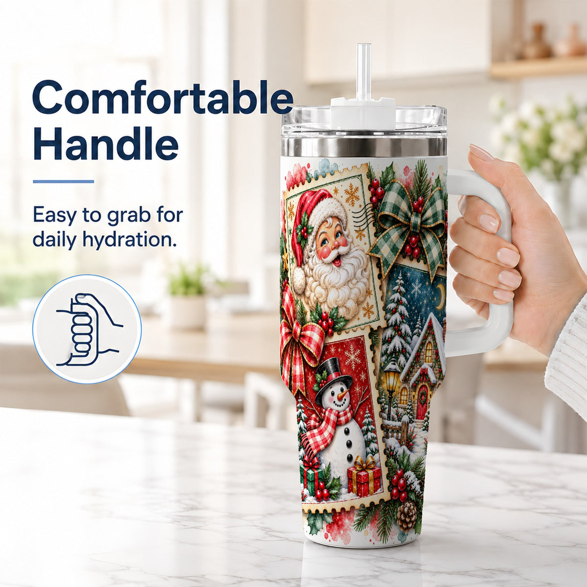#pl[40oz|White] Santa Snowman 40oz Tumbler with Handle, Christmas Holiday Travel Cup