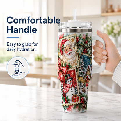 #pl[40oz|White] Santa Snowman 40oz Tumbler with Handle, Christmas Holiday Travel Cup
