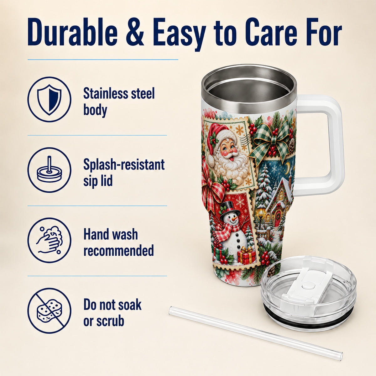 Santa Snowman 40oz Tumbler with Handle, Christmas Holiday Travel Cup