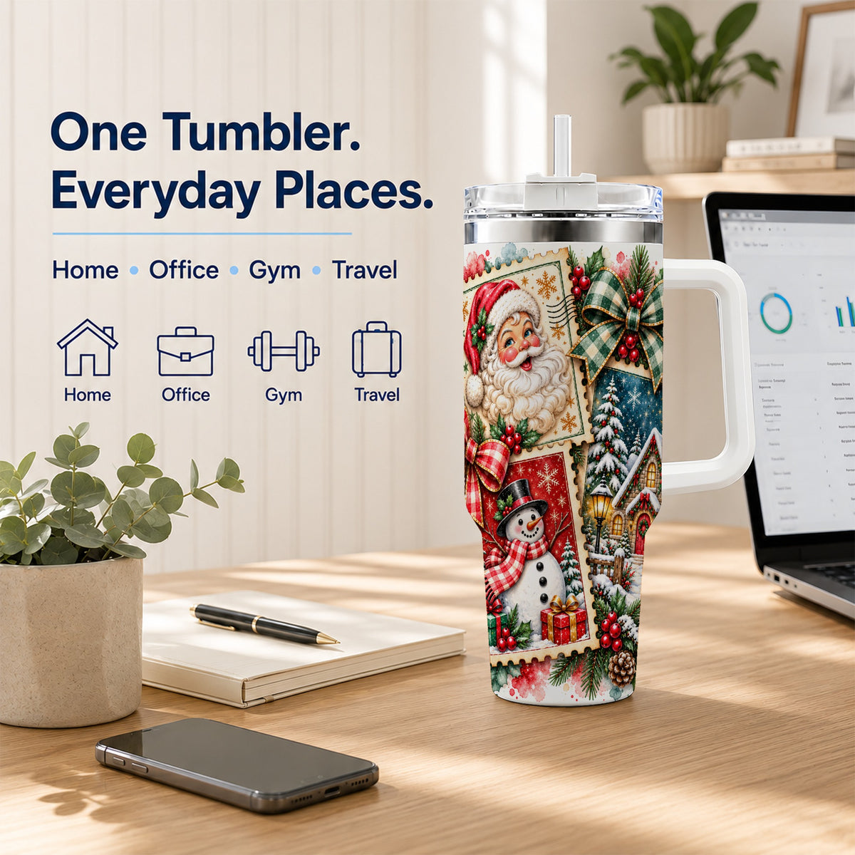 Santa Snowman 40oz Tumbler with Handle, Christmas Holiday Travel Cup