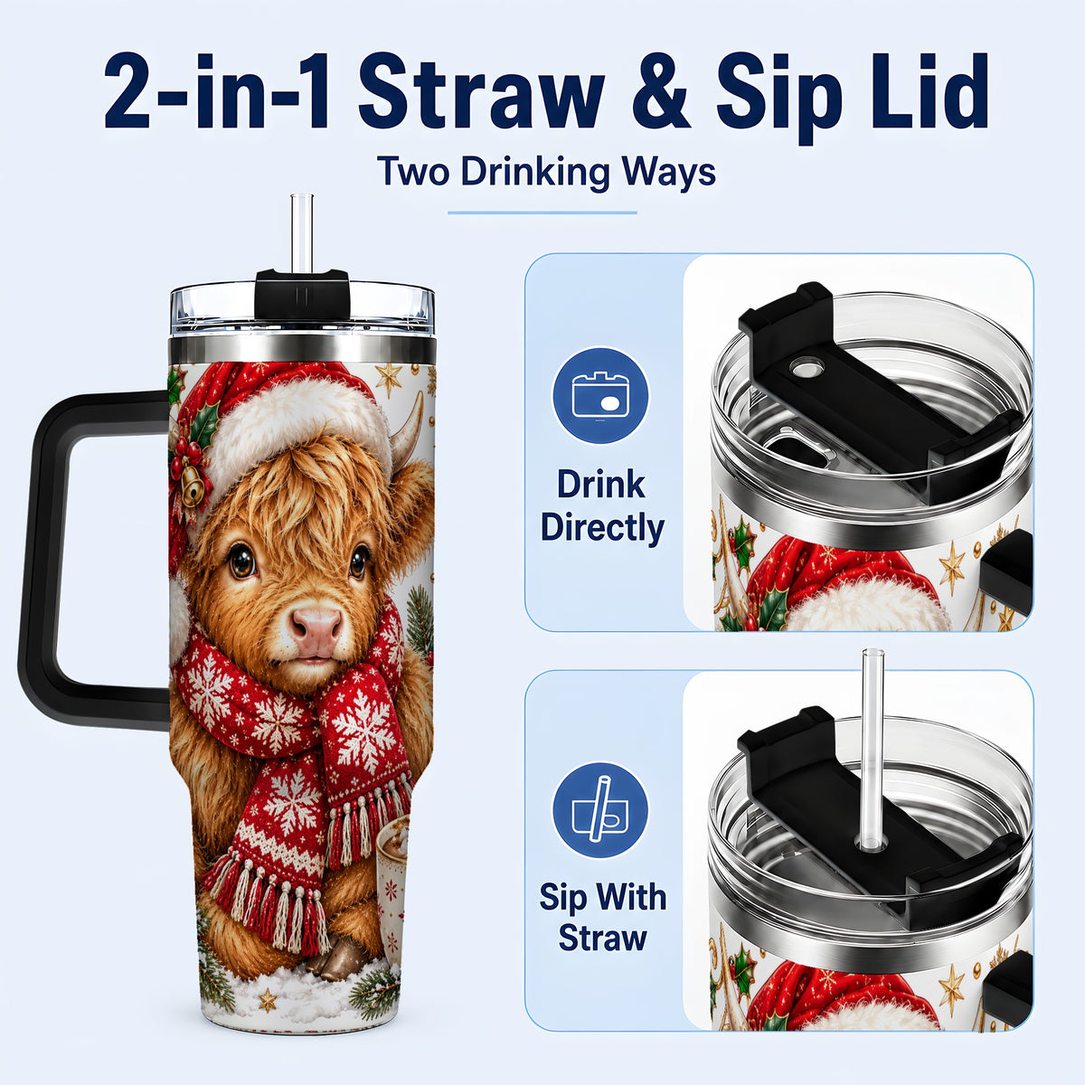 #pl[40oz|Black] Highland Cow 40oz Tumbler with Handle, Christmas Stainless Steel Travel Cup