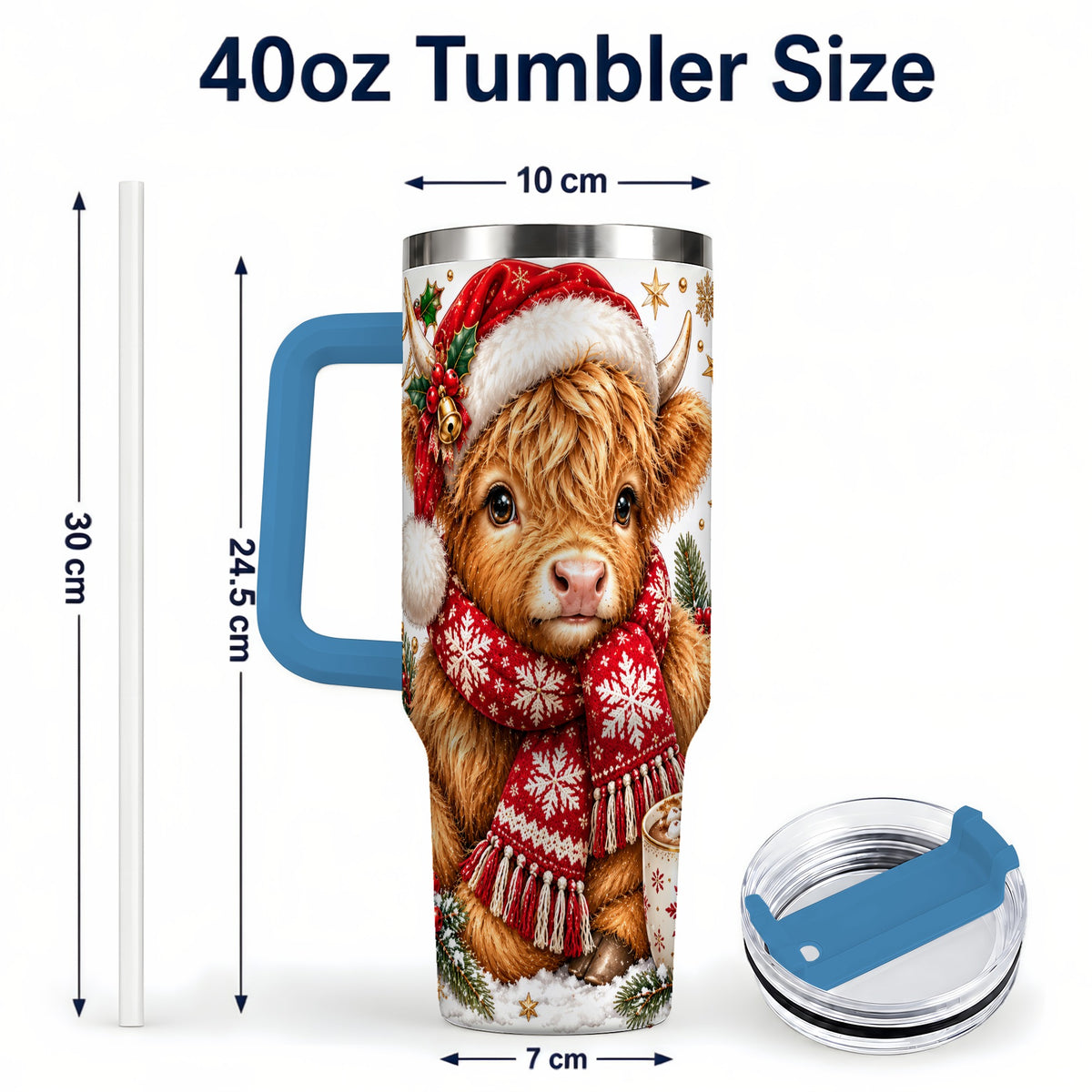 #pl[40oz|Blue] Highland Cow 40oz Tumbler with Handle, Christmas Stainless Steel Travel Cup