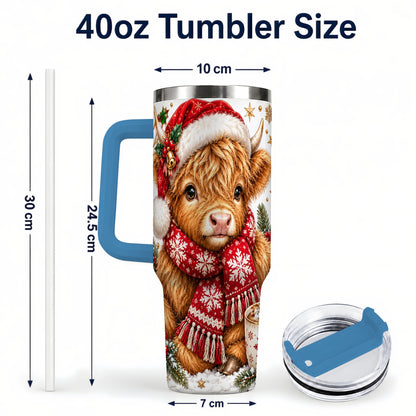 #pl[40oz|Blue] Highland Cow 40oz Tumbler with Handle, Christmas Stainless Steel Travel Cup
