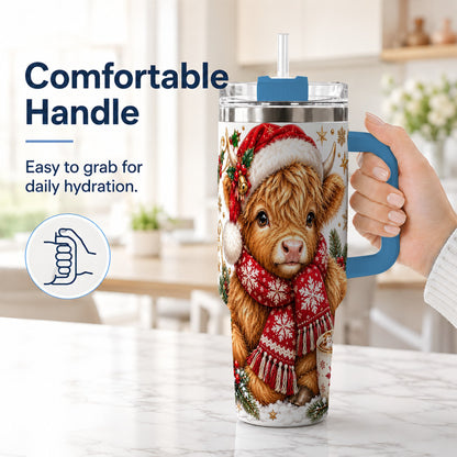 #pl[40oz|Blue] Highland Cow 40oz Tumbler with Handle, Christmas Stainless Steel Travel Cup