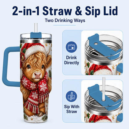 #pl[40oz|Blue] Highland Cow 40oz Tumbler with Handle, Christmas Stainless Steel Travel Cup