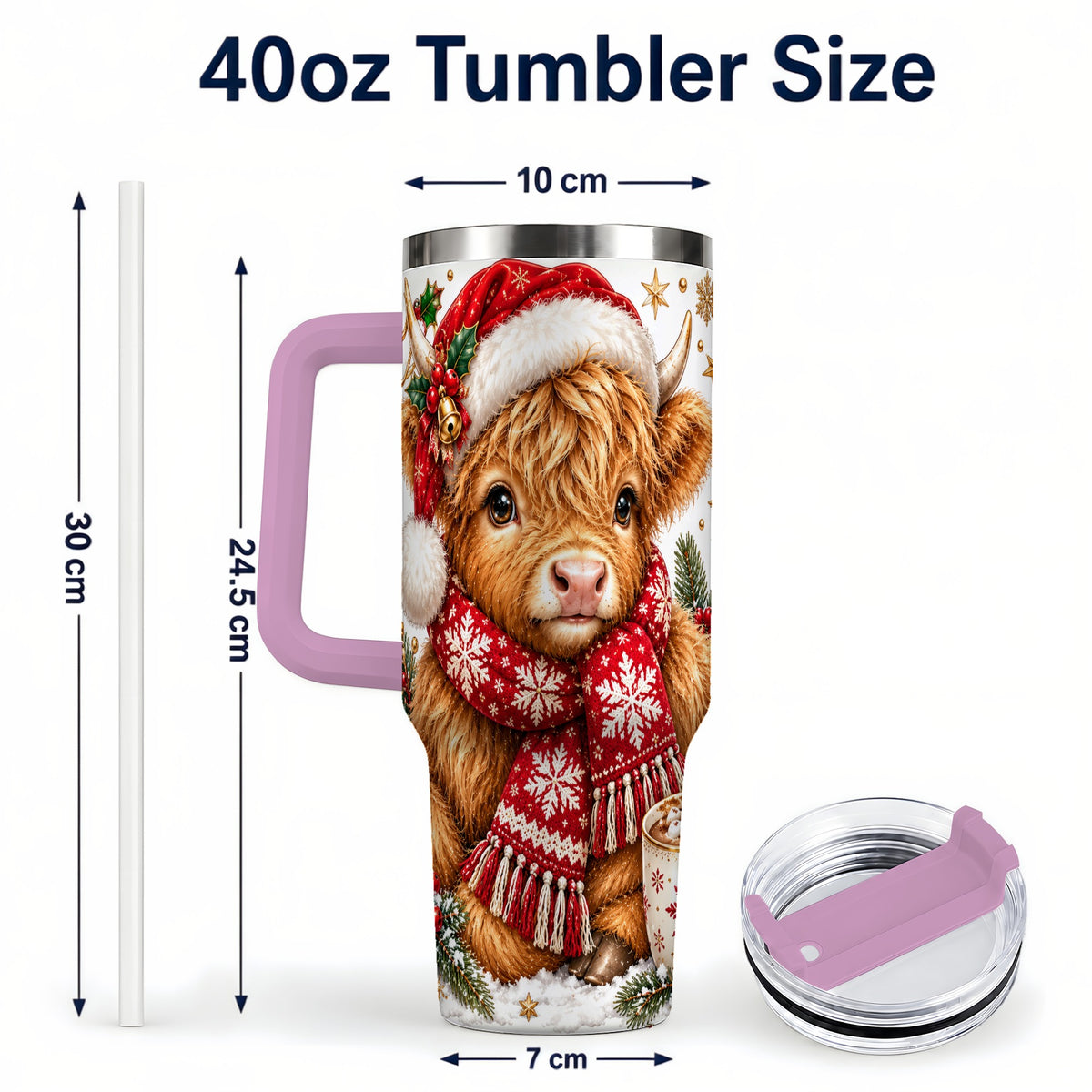 #pl[40oz|Pink] Highland Cow 40oz Tumbler with Handle, Christmas Stainless Steel Travel Cup