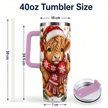 #pl[40oz|Pink] Highland Cow 40oz Tumbler with Handle, Christmas Stainless Steel Travel Cup