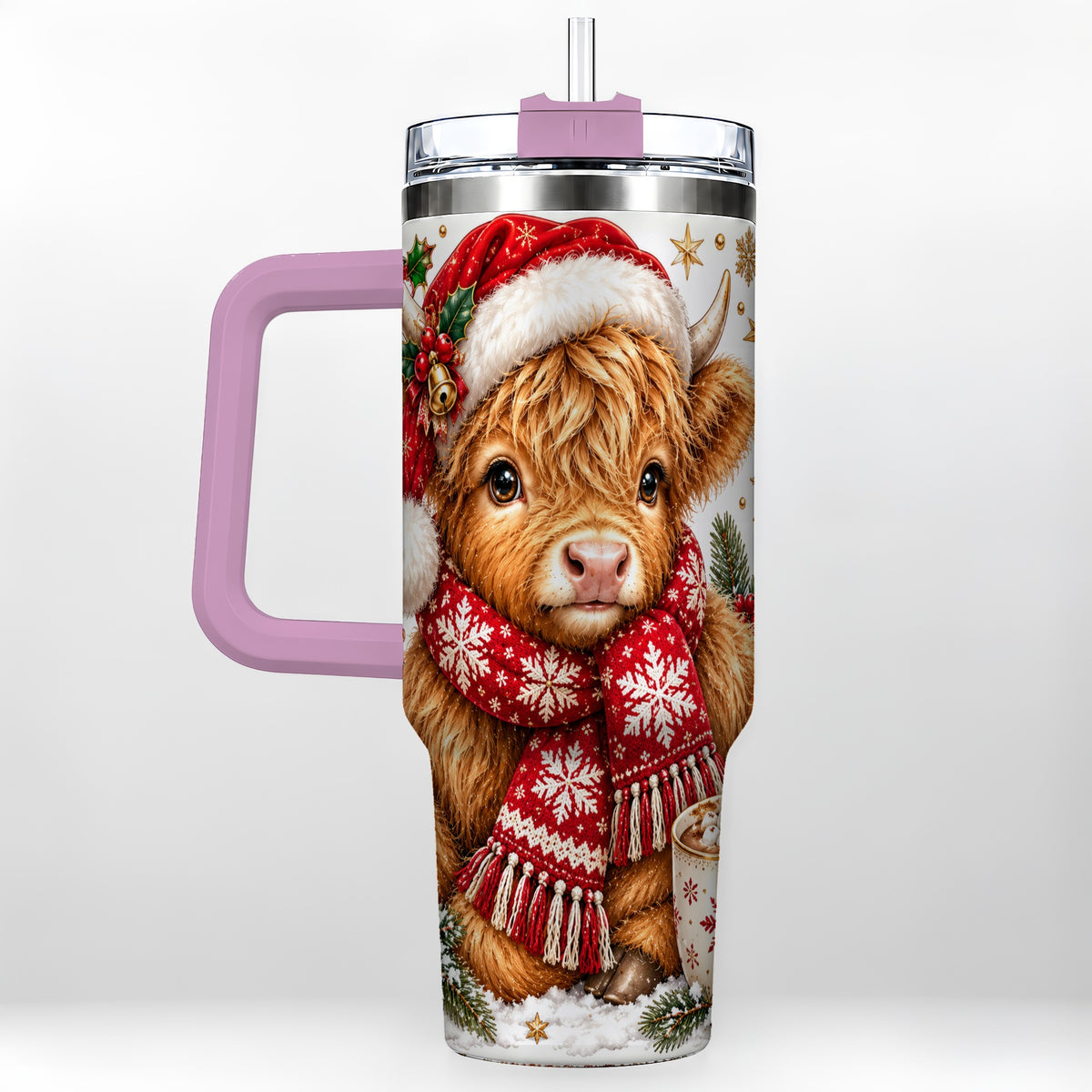 #pl[40oz|Pink] Highland Cow 40oz Tumbler with Handle, Christmas Stainless Steel Travel Cup
