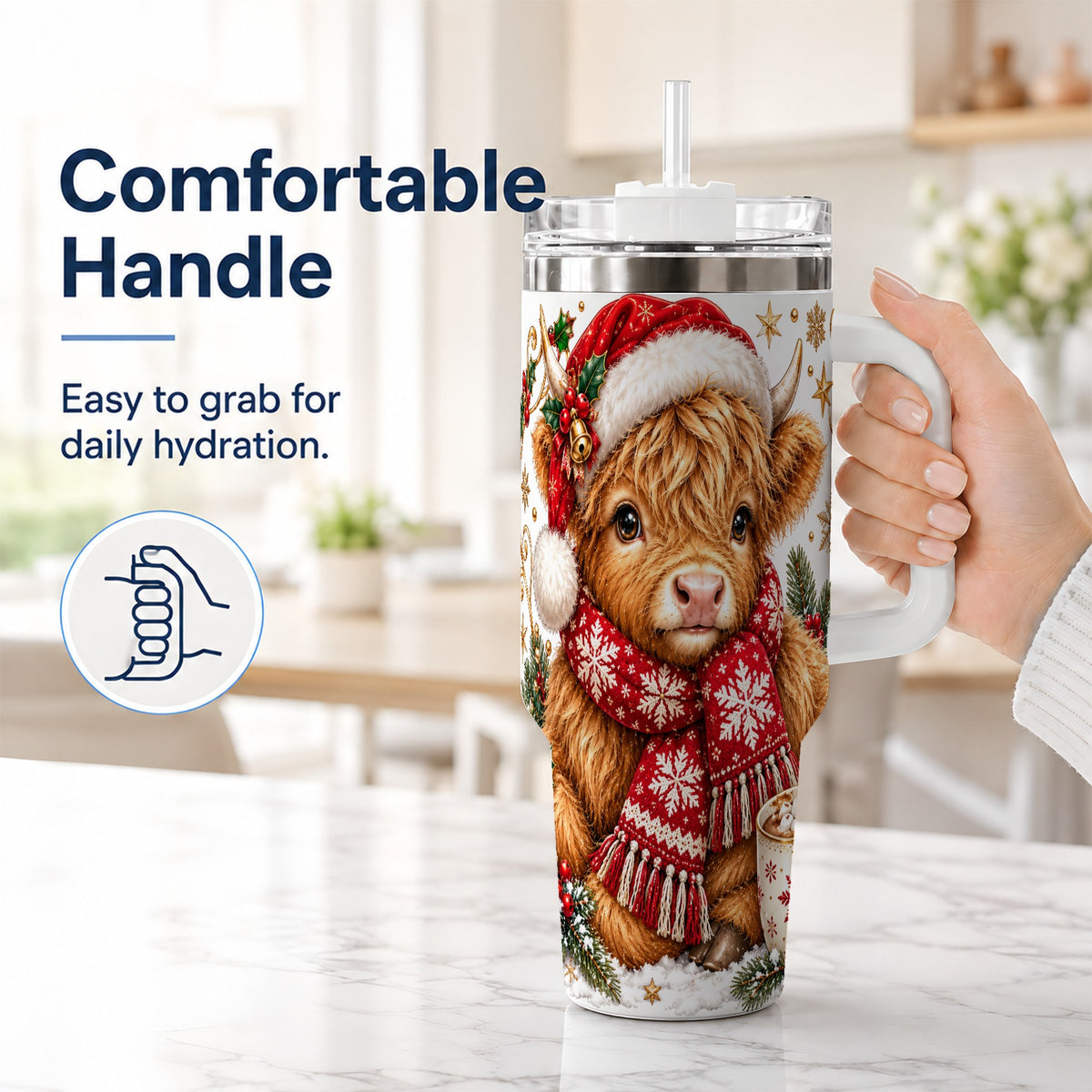 #pl[40oz|White] Highland Cow 40oz Tumbler with Handle, Christmas Stainless Steel Travel Cup