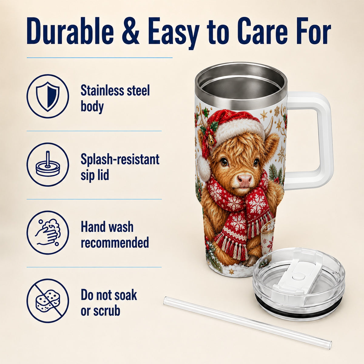 Highland Cow 40oz Tumbler with Handle, Christmas Stainless Steel Travel Cup