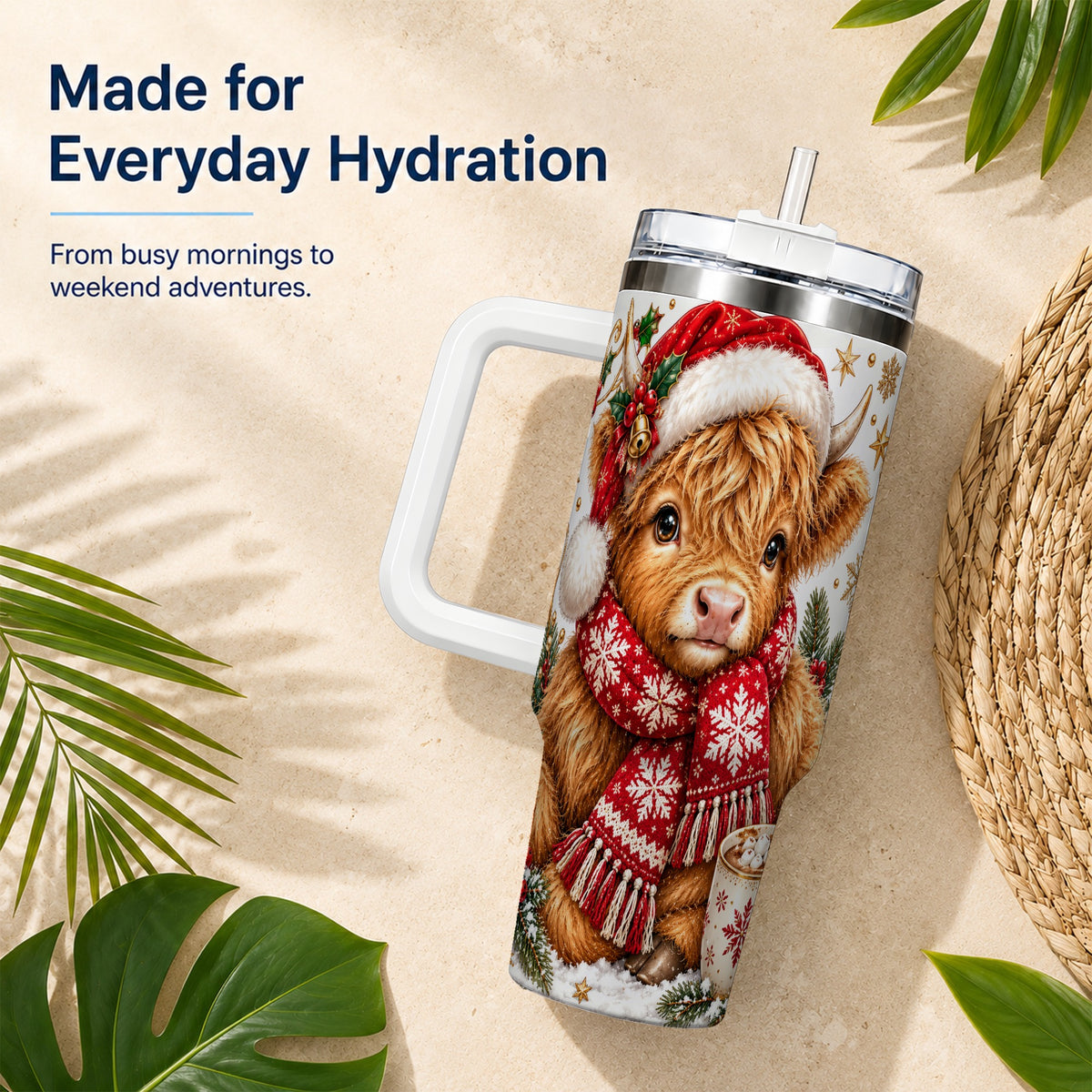 Highland Cow 40oz Tumbler with Handle, Christmas Stainless Steel Travel Cup