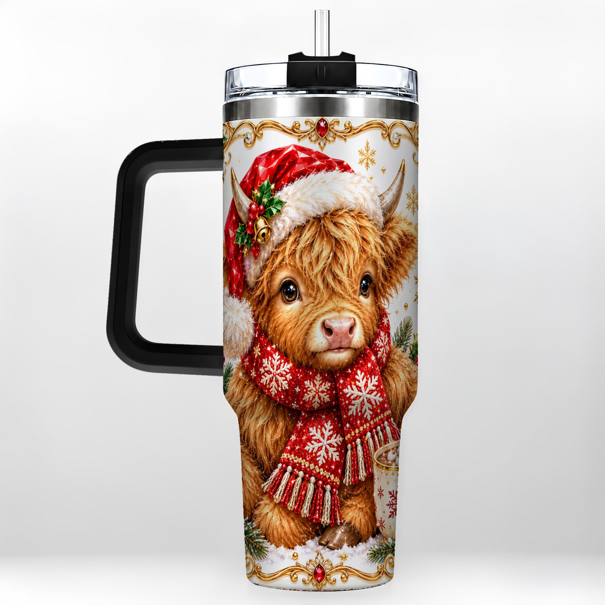 #pl[40oz|Black] Christmas Highland Cow 40oz Tumbler with Handle, Holiday Travel Cup