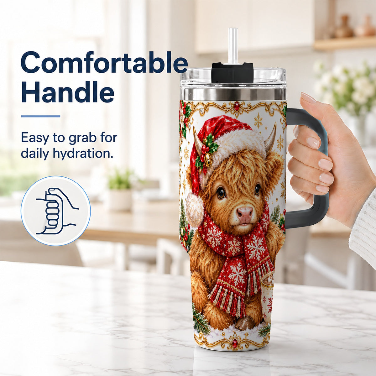 #pl[40oz|Black] Christmas Highland Cow 40oz Tumbler with Handle, Holiday Travel Cup