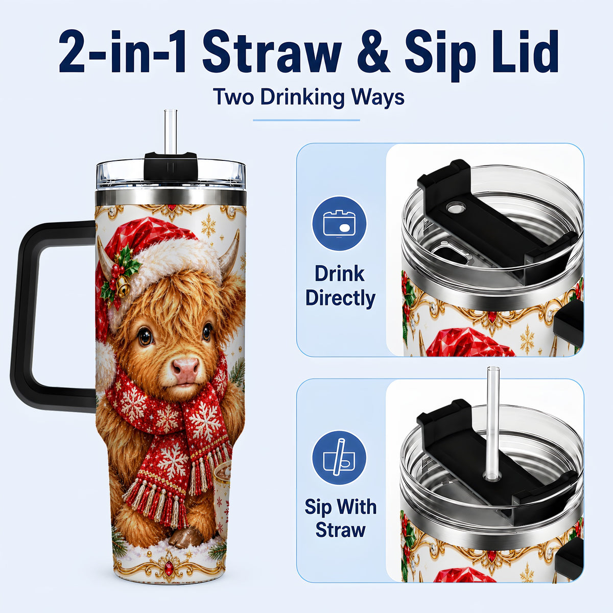 #pl[40oz|Black] Christmas Highland Cow 40oz Tumbler with Handle, Holiday Travel Cup