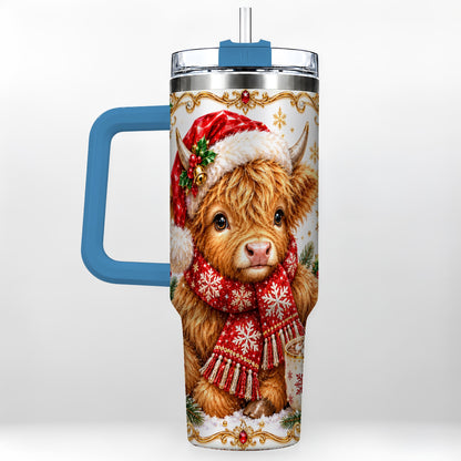 #pl[40oz|Blue] Christmas Highland Cow 40oz Tumbler with Handle, Holiday Travel Cup