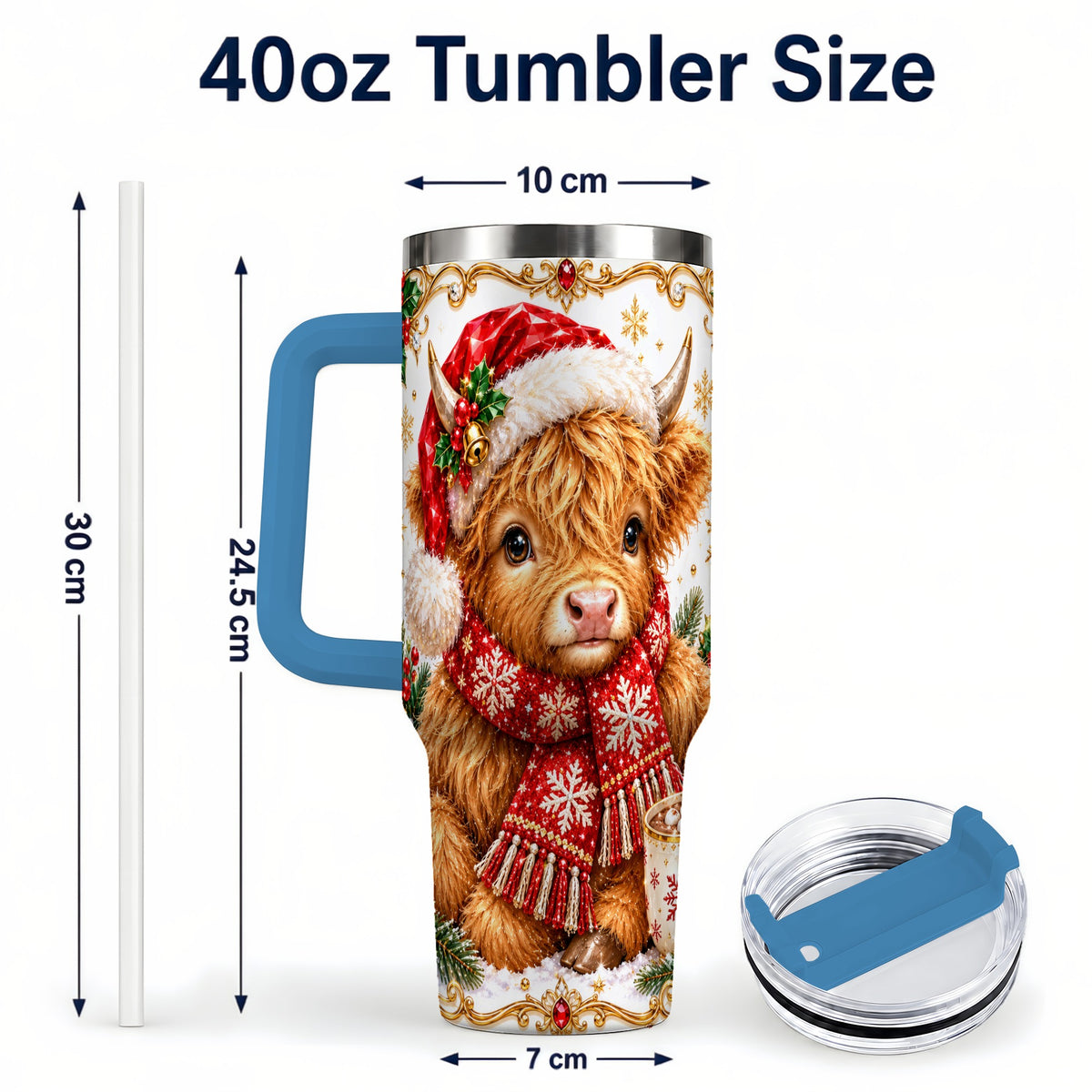 #pl[40oz|Blue] Christmas Highland Cow 40oz Tumbler with Handle, Holiday Travel Cup