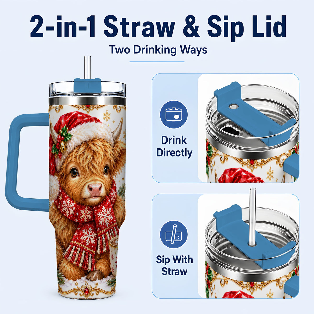 #pl[40oz|Blue] Christmas Highland Cow 40oz Tumbler with Handle, Holiday Travel Cup