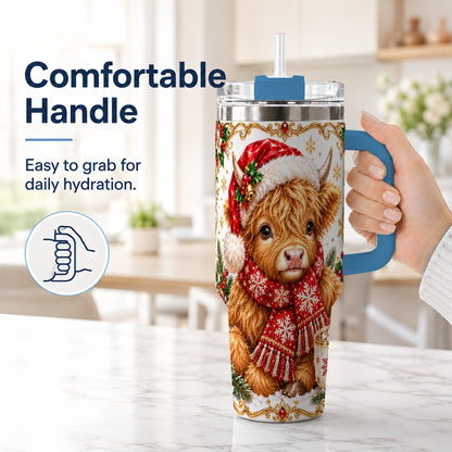 #pl[40oz|Blue] Christmas Highland Cow 40oz Tumbler with Handle, Holiday Travel Cup