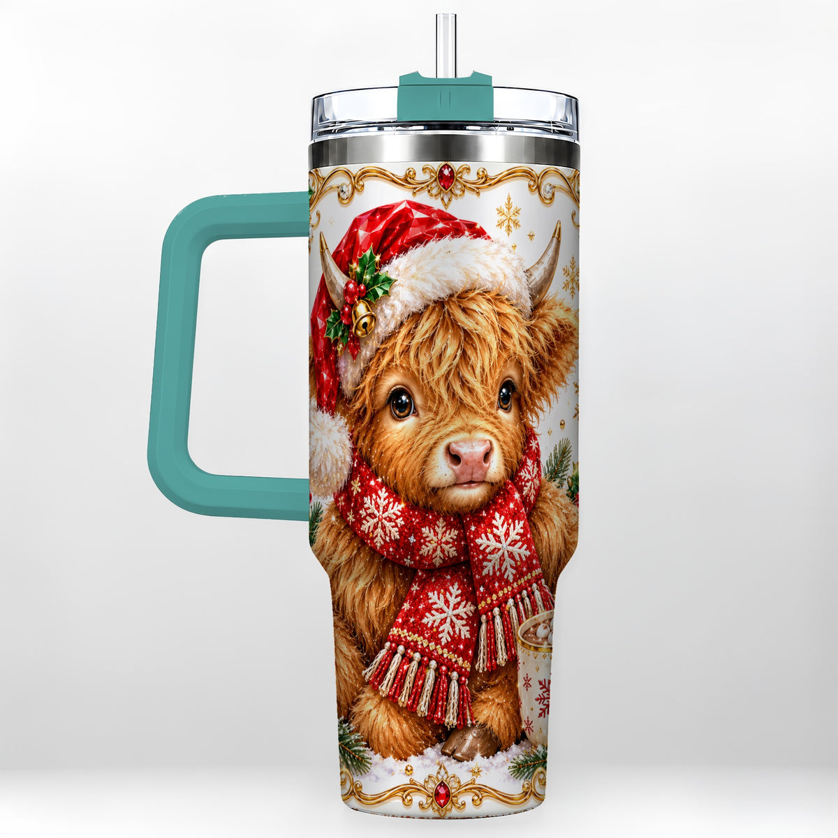 #pl[40oz|Green] Christmas Highland Cow 40oz Tumbler with Handle, Holiday Travel Cup