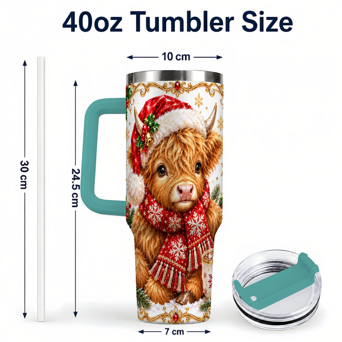 #pl[40oz|Green] Christmas Highland Cow 40oz Tumbler with Handle, Holiday Travel Cup
