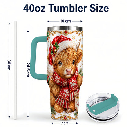 #pl[40oz|Green] Christmas Highland Cow 40oz Tumbler with Handle, Holiday Travel Cup