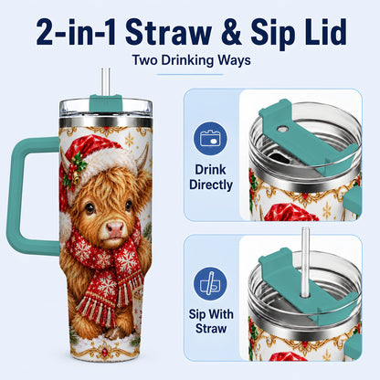#pl[40oz|Green] Christmas Highland Cow 40oz Tumbler with Handle, Holiday Travel Cup