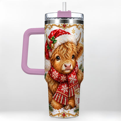 #pl[40oz|Pink] Christmas Highland Cow 40oz Tumbler with Handle, Holiday Travel Cup