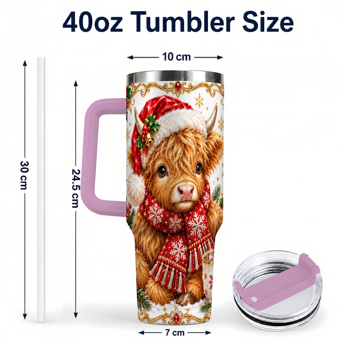 #pl[40oz|Pink] Christmas Highland Cow 40oz Tumbler with Handle, Holiday Travel Cup