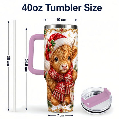 #pl[40oz|Pink] Christmas Highland Cow 40oz Tumbler with Handle, Holiday Travel Cup
