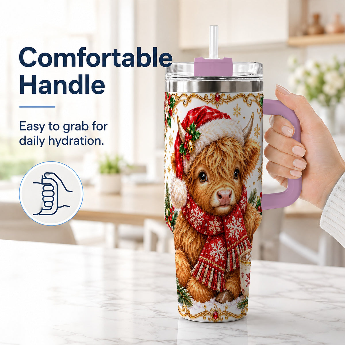 #pl[40oz|Pink] Christmas Highland Cow 40oz Tumbler with Handle, Holiday Travel Cup