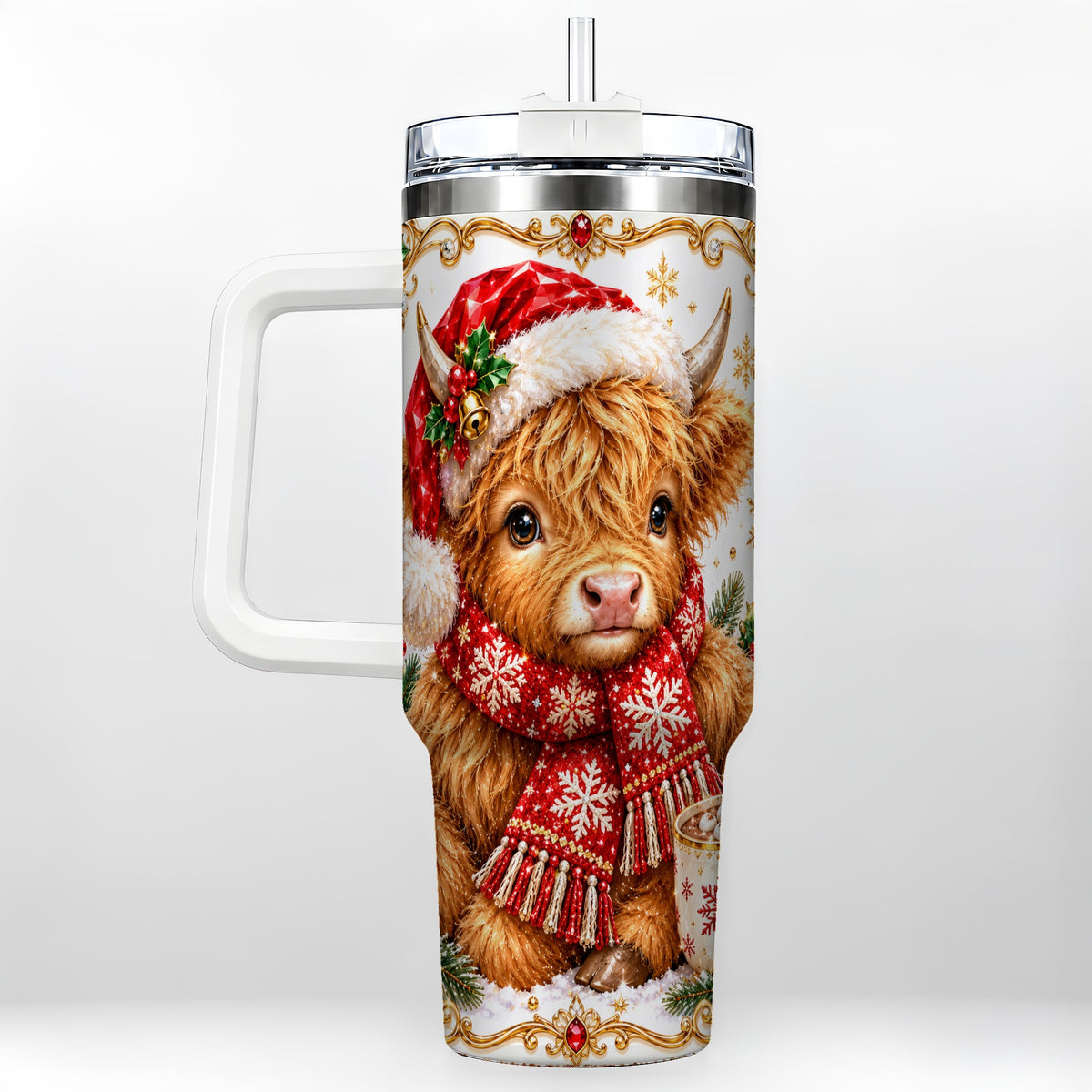 Christmas Highland Cow 40oz Tumbler with Handle, Holiday Travel Cup