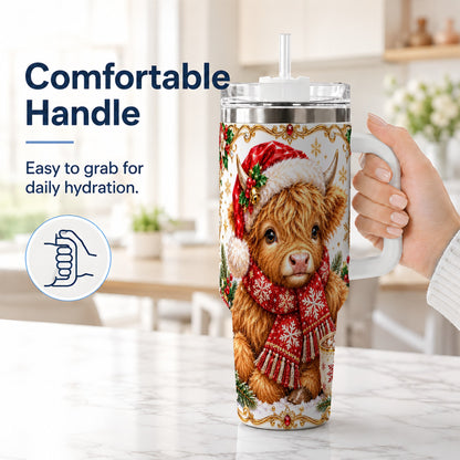 #pl[40oz|White] Christmas Highland Cow 40oz Tumbler with Handle, Holiday Travel Cup