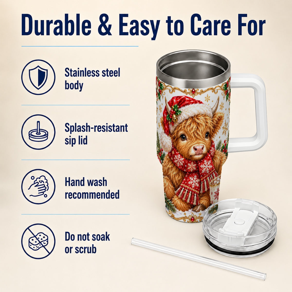 Christmas Highland Cow 40oz Tumbler with Handle, Holiday Travel Cup