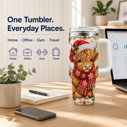 Christmas Highland Cow 40oz Tumbler with Handle, Holiday Travel Cup