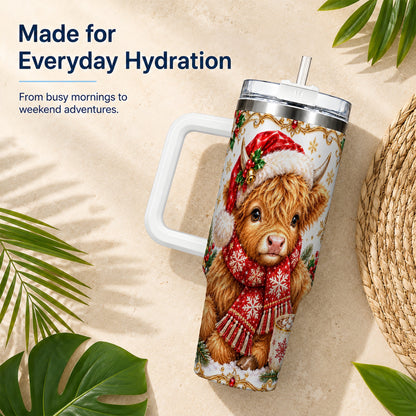 Christmas Highland Cow 40oz Tumbler with Handle, Holiday Travel Cup
