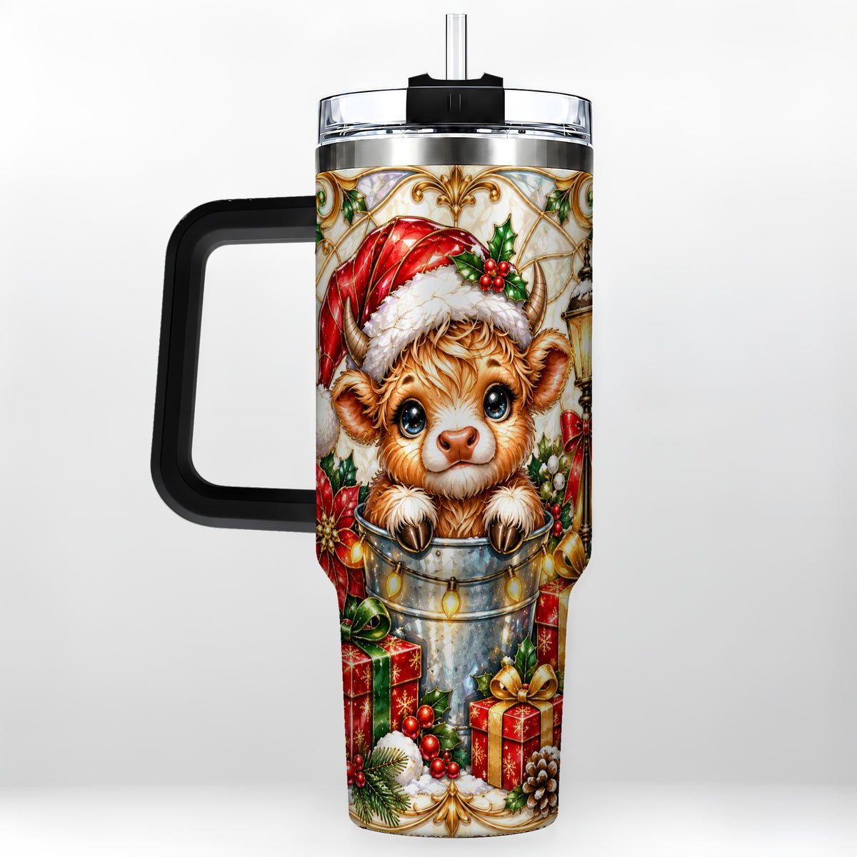 #pl[40oz|Black] Christmas Highland Cow 40oz Tumbler with Handle, Ornate Travel Cup