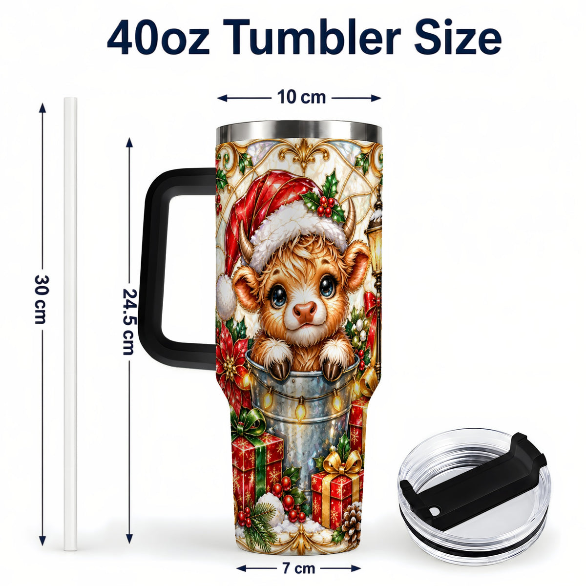 #pl[40oz|Black] Christmas Highland Cow 40oz Tumbler with Handle, Ornate Travel Cup