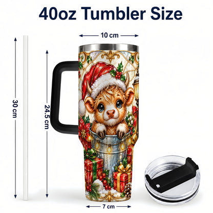 #pl[40oz|Black] Christmas Highland Cow 40oz Tumbler with Handle, Ornate Travel Cup