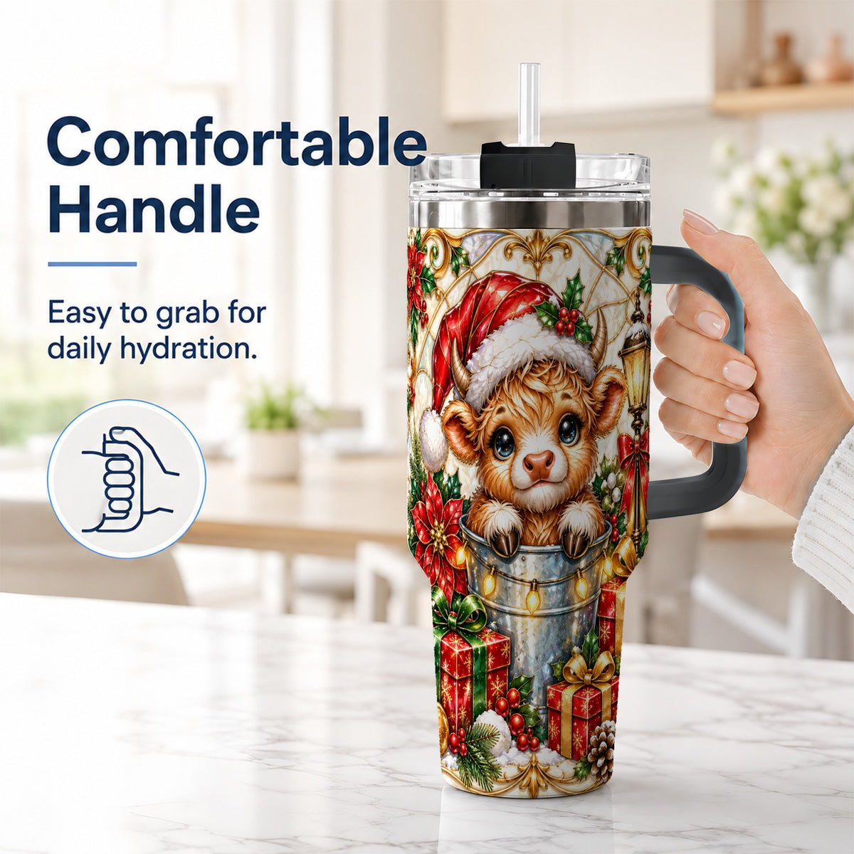 #pl[40oz|Black] Christmas Highland Cow 40oz Tumbler with Handle, Ornate Travel Cup