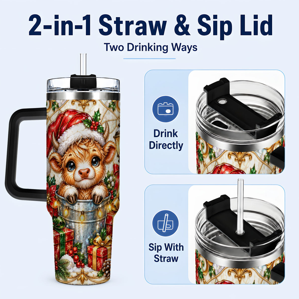 #pl[40oz|Black] Christmas Highland Cow 40oz Tumbler with Handle, Ornate Travel Cup