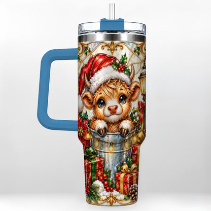 #pl[40oz|Blue] Christmas Highland Cow 40oz Tumbler with Handle, Ornate Travel Cup